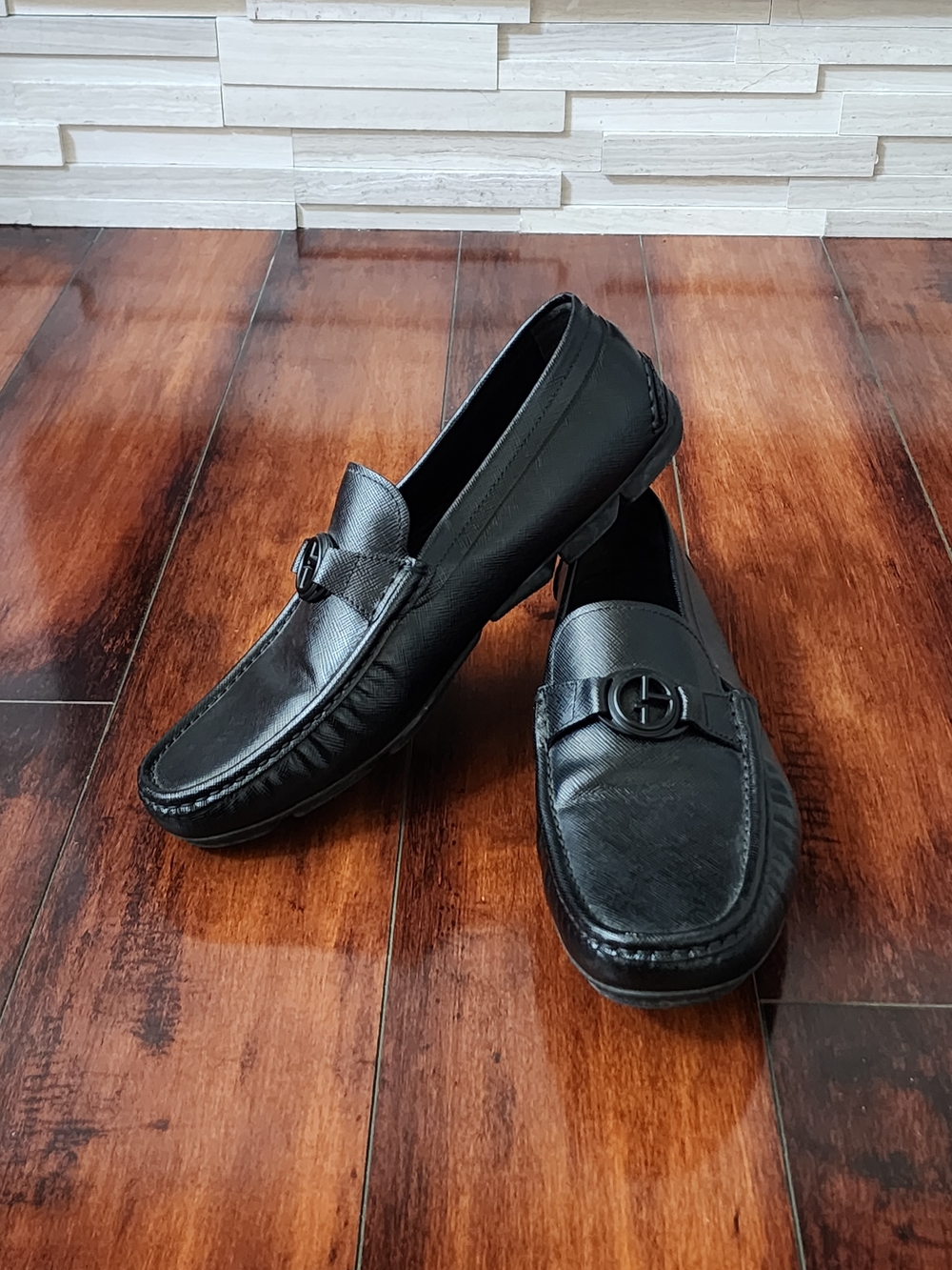 Giorgio Armani Black Leather Logo Driver Loafers Men's Size 8